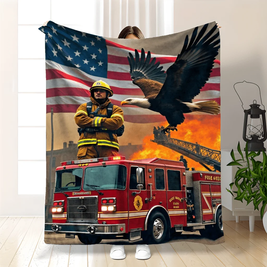 Customize 1pc Of A Cozy And Warm Firefighter-Themed American Flag Throw Blanket, Perfect For Use On A Couch, Bed, During Travel,