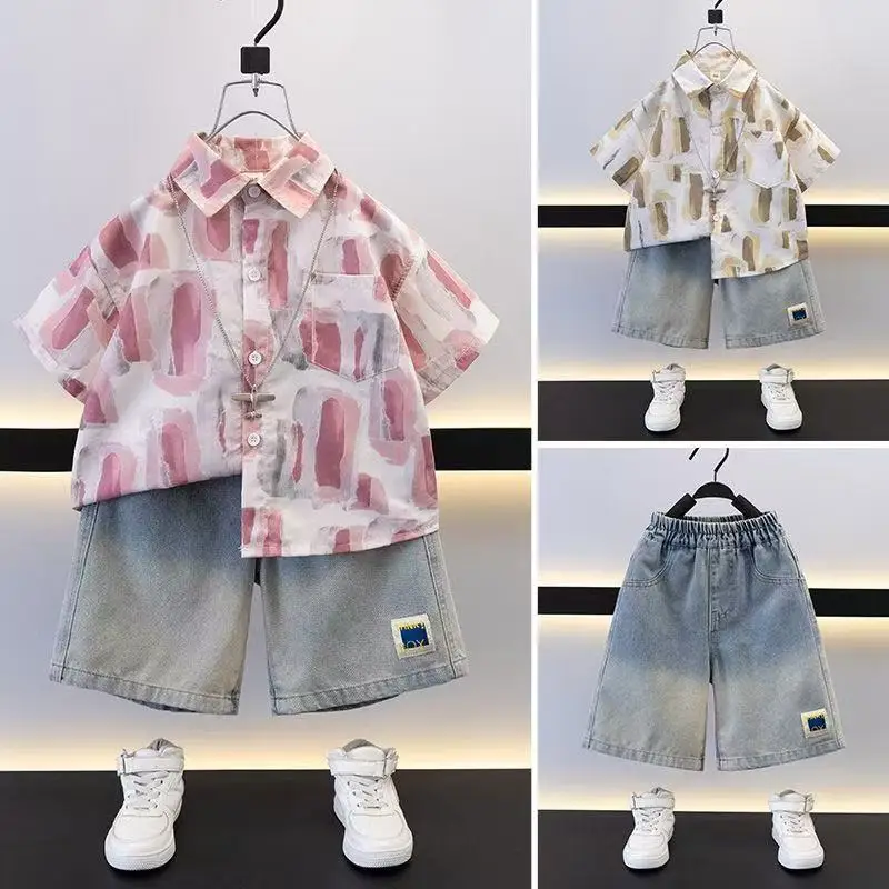 

2-9Y Children's Clothing Summer Shirt Short Sleeved New Boys Baby Clothing Summer Children's Stylish Two-piece Set 90-150CM