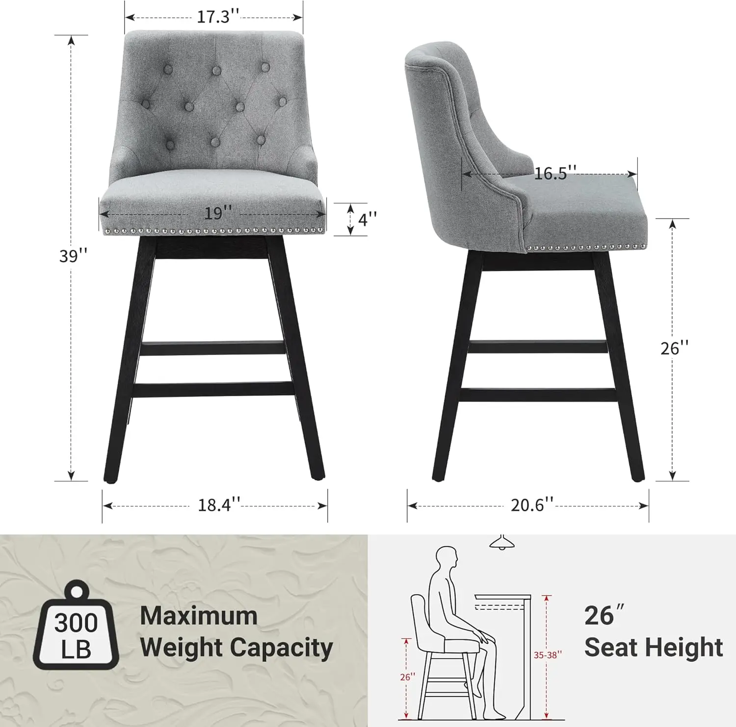 Swivel Counter Height Bar Stools,26 inch 360° Swivel Bar Stools with Backs, Upholstered Counter Stools for Kitchen & Dining Room