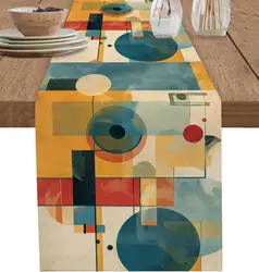 Vintage Oil Painting Abstract Art Linen Table Runner Blue Yellow Geometric Dresser Scarf Table Decor Wedding Dining Party Decor
