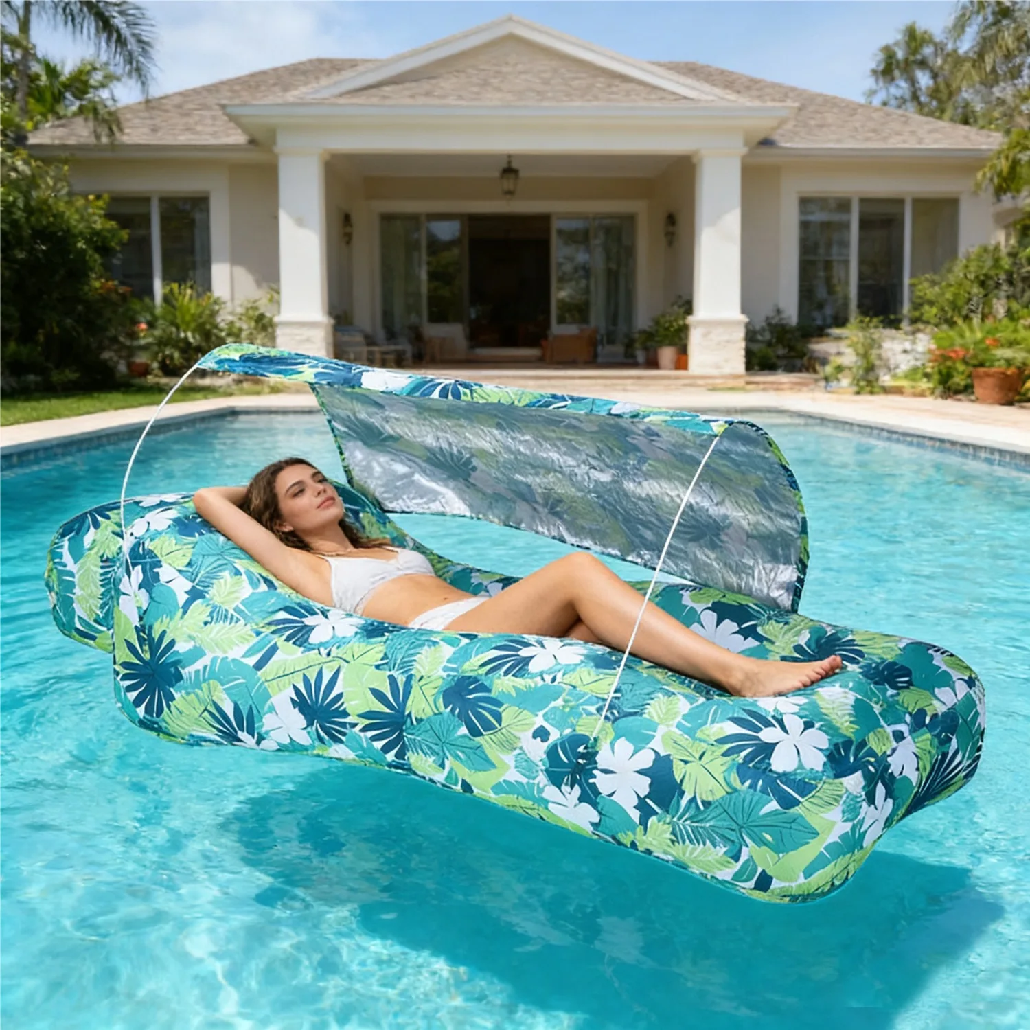 Outdoor Inflatable Sofa Bed with Sun Umbrella Land Water Universal Lounge for Beach Backyard