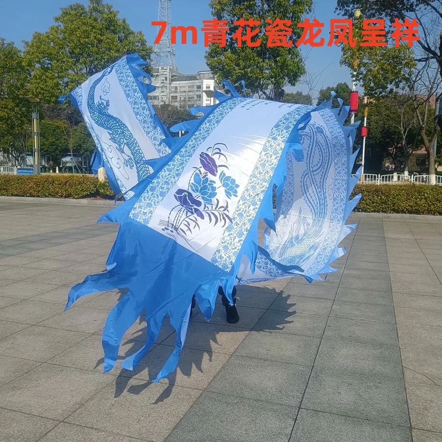 7 m blaue und weiße Porzellan-Drachentanz-Requisite, Fitness-Dragenschwanz-Zubehör (Kopf nicht im Lieferumfang enthalten))