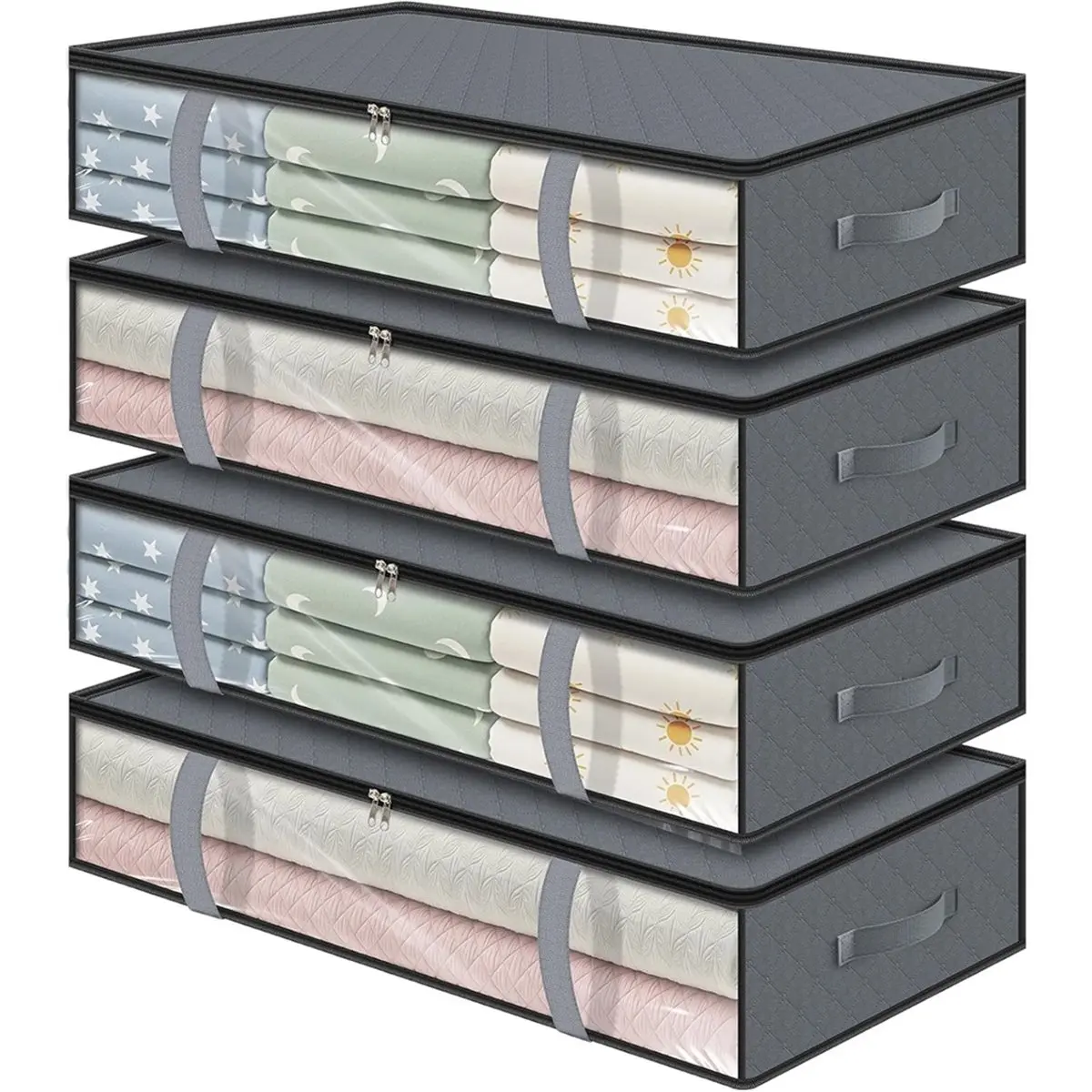 ABNH 4pcs Under Bed Storage Containers - Organizers for Clothes, Blankets & Shoes with Handles