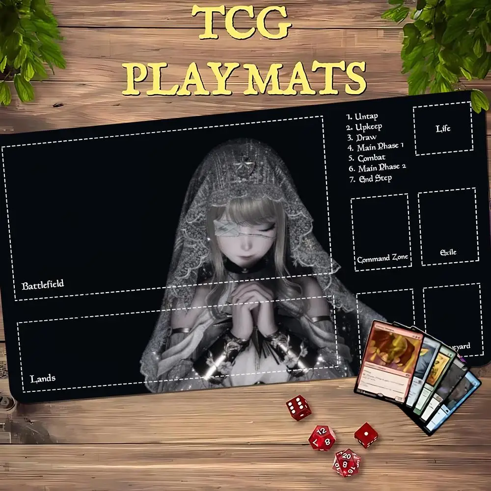 Gothic Veiled Saint Maiden TCG Playmat 35X60CM Prayer Scene Magic Card Battle Mat Non‑Slip Durable Stitched Edge Playmat