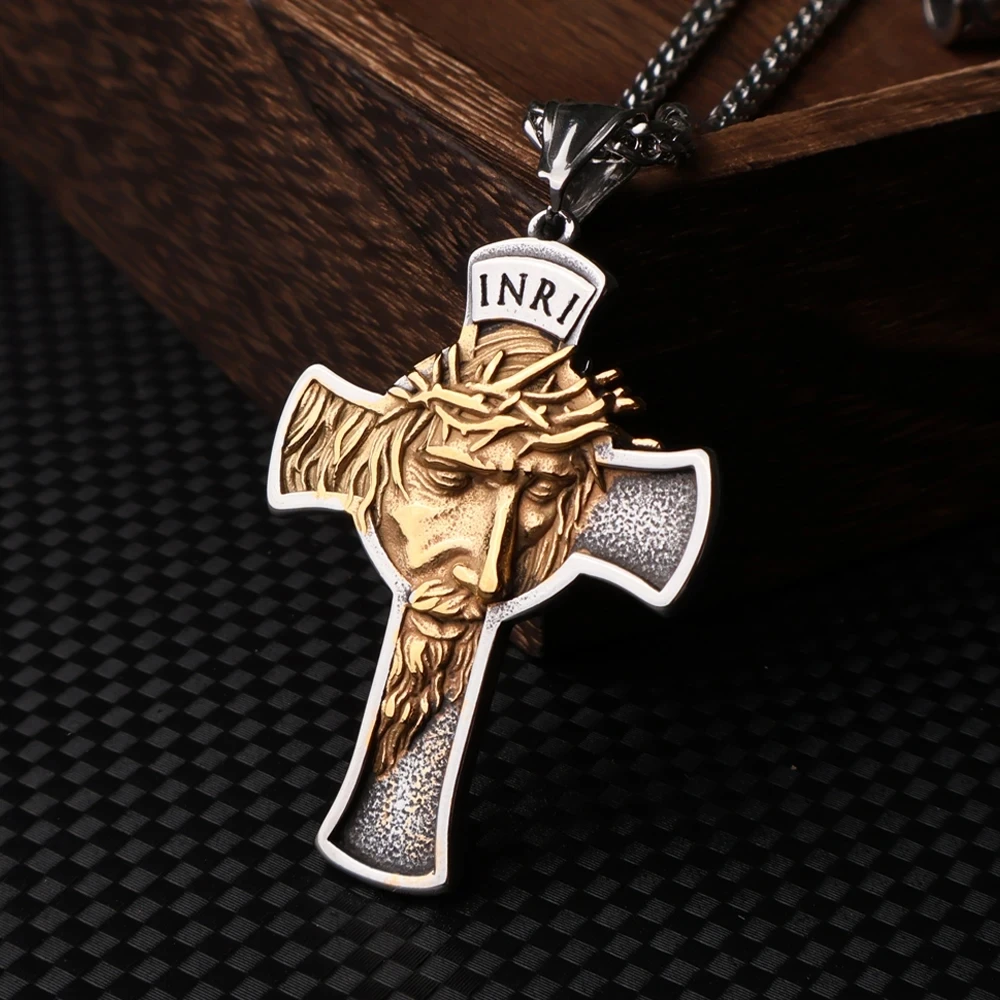 316L Stainless Steel Jesus Face Cross Pendant Necklace Men Boy Vintage Catholic Cross Jesus Necklace Chain Amulet Jewelry Gift