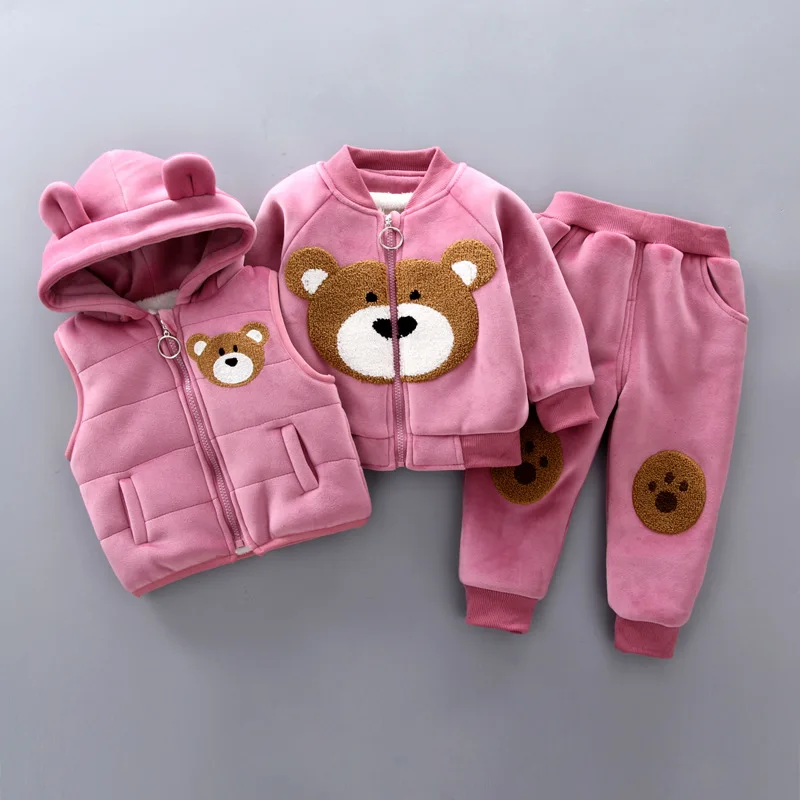 1 2 3 4 Years Old WInter Girls Boys Clothing Set Cartoon Bear Lining With Plush Vest+Jacket+Pants 3Pcs Outfit Suit For Kids