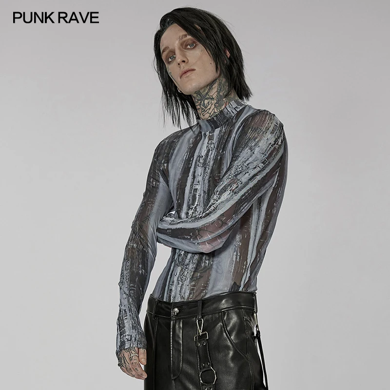 PUNK RAVE Men\'s Post-apocalyptic Style Tight Elastic Gauze T-shirt Punk Daily Simple Sense of Sci-tech Slim Tops 2 Colors Tees