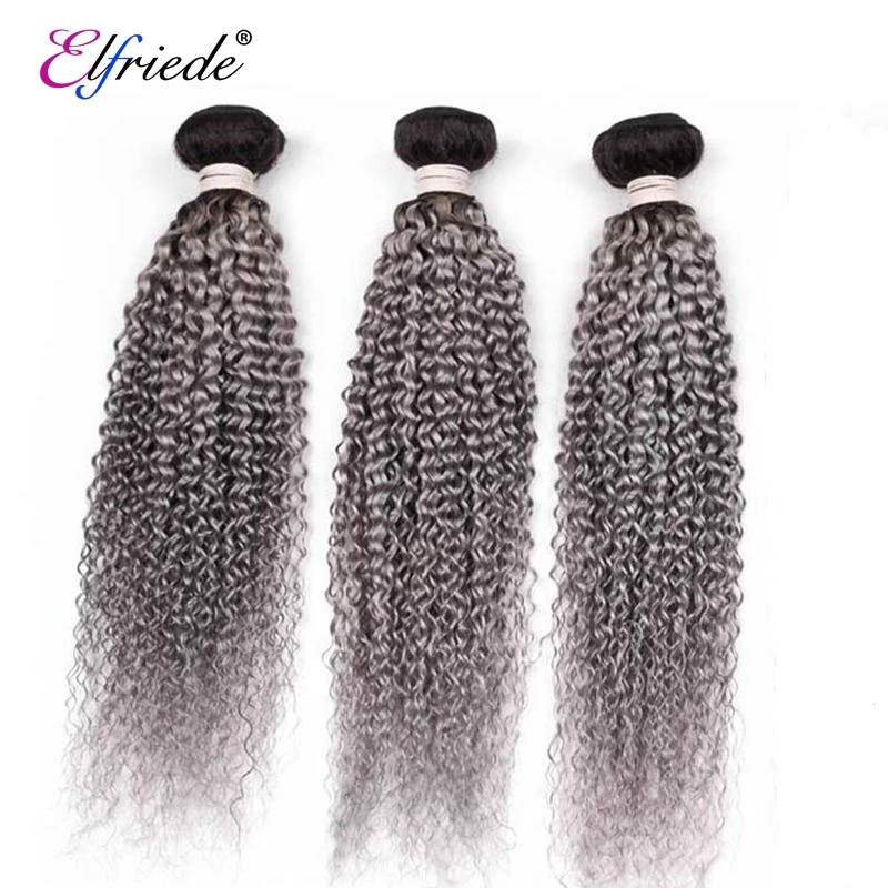 Elfriede 1B/Grey Kinky Curly Ombre Colored Human Hair Bundles Human Hair Extensions 3/4 Bundles Deals 100% Human Hair Weaves