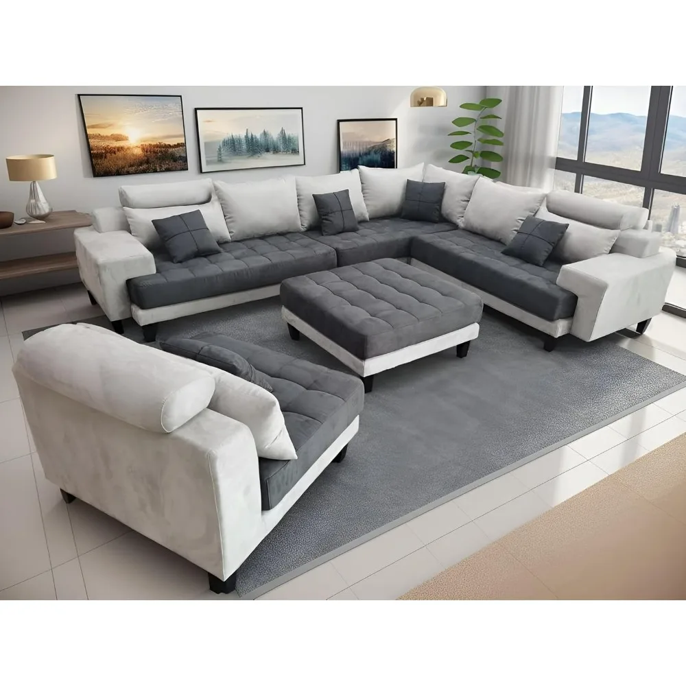 Sofa Set, L Shape U Shape Reversible Modern Microfiber Fabric Sectional Couch Sofa Set with Removable Covers, Living Room Sofas