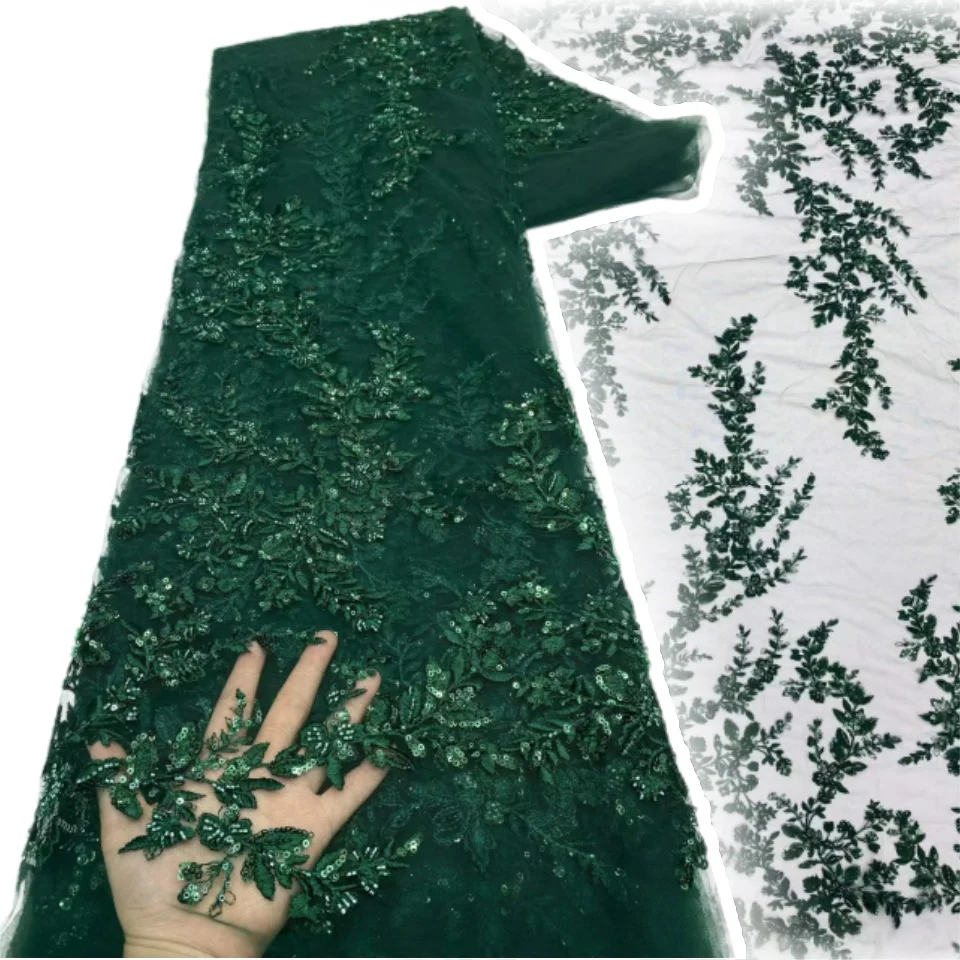 Luxury Black Sheer Tulle Floral Lace Fabric Exquisite Beaded Sequin African Lace for High-End Women Evening Formal Dresses 3534