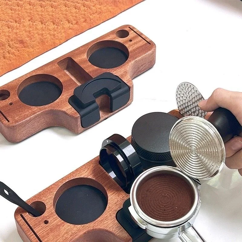 Wooden Espresso Tamper Station Portafilter Holder Rack for 51/54/58mm – Barista Support with Non-Slip Pressing Mat Base