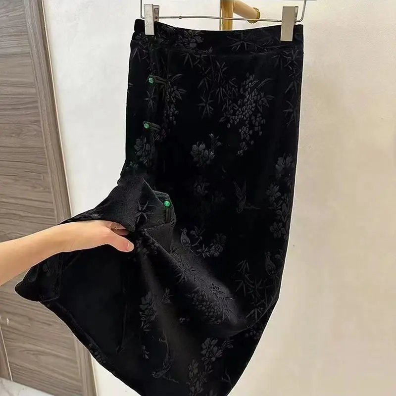 Plush Retro Thick Half Skirts Chinese Style New Autumn and Winter Jacquard Split Mid Length Elastic Chinese Style Skirt