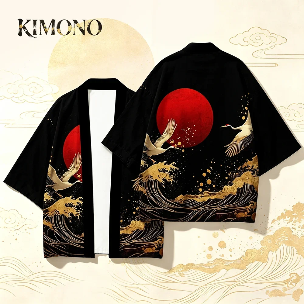 Men Crane Shirt Short Sleeve Japanese Wave Gold Sun Casual Comfortable 3D Printed Novelty Trendy Cool Fashion New Stylish Haori