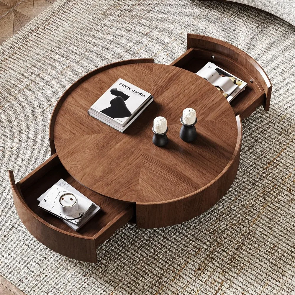 

35.4" Mid-Century Modern Walnut Coffee Table with Storage Drawers Fully Assembled Round Corners Elegant & Durable