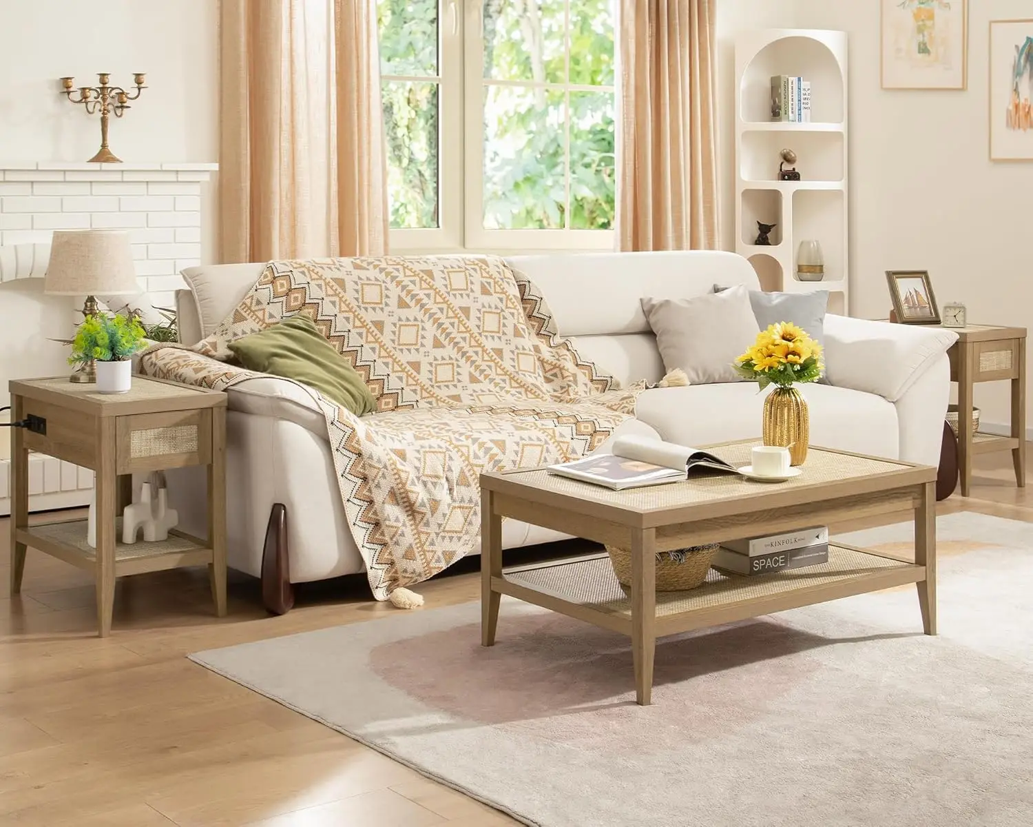 Rectangle Coffee Table for Living Room, Farmhouse Boho Center Table with 2-Tier Rattan Storage Shelves, Sofa Side Accent Table