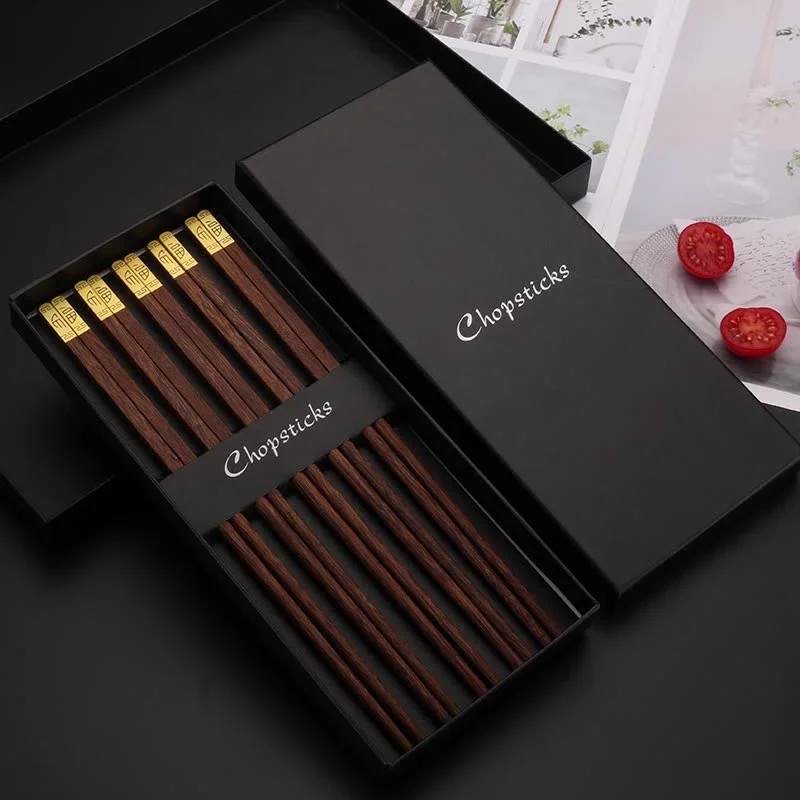 Premium Wenge Wood Gold Tip Chopsticks Set,5/10Pcs Non-Slip Unpainted with Gift Box, Chinese Tableware for Home Wedding Banquet