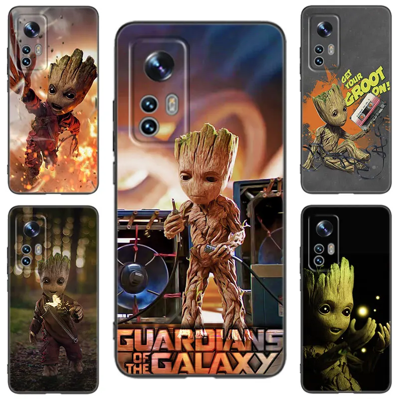 Cute Groot Rocket Black Phone Case For Xiaomi 10 11 13 12 Lite NE 9T 10T 11T 12T 12S 13T 14 Pro 9 SE 10i 11i 12X Civi 2 3 4 5G