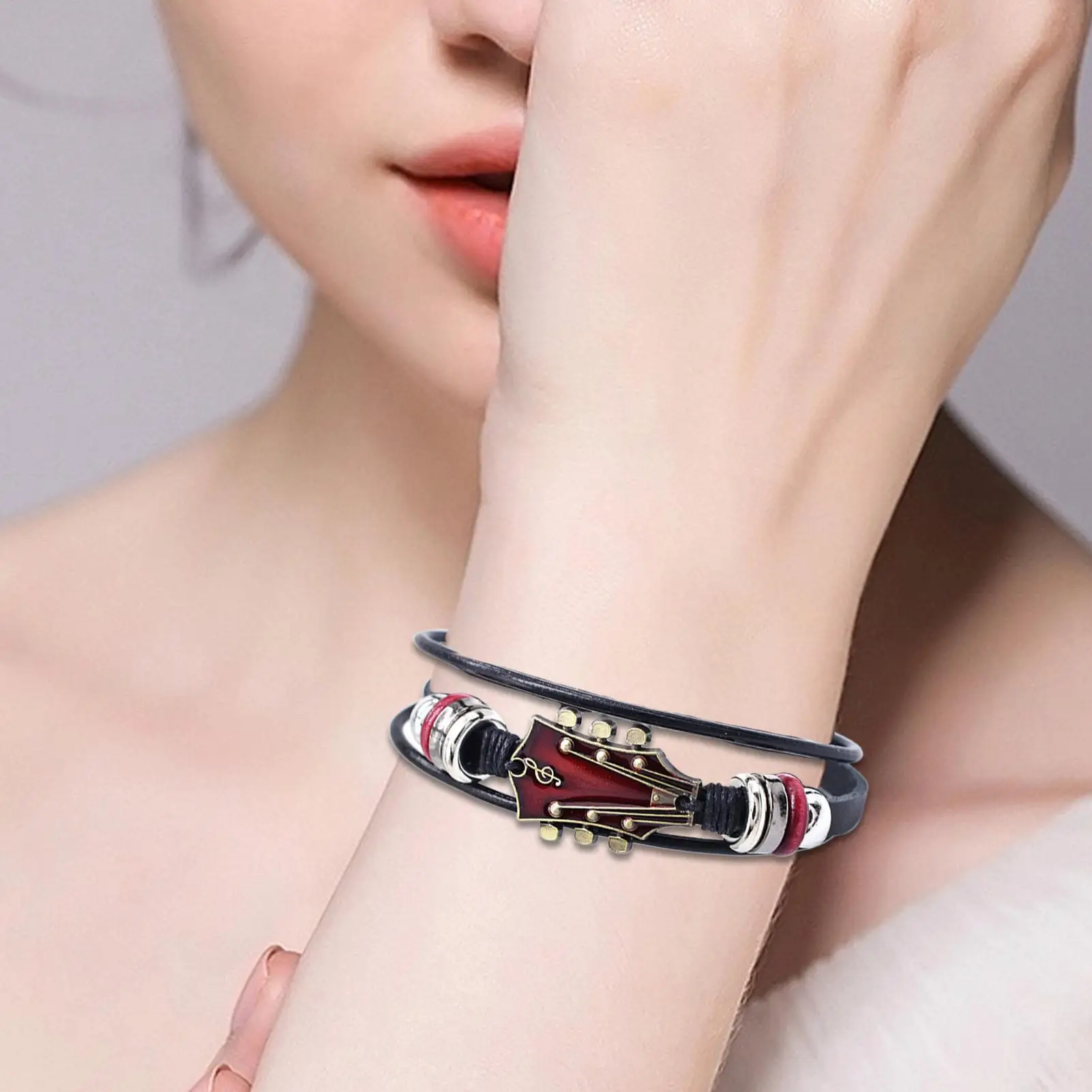Punk Style Braided Guitar Bracelet Zinc Alloy Adjustable Buckle hand knitting Faux Leather Punk Retro fashion Wrist music lover