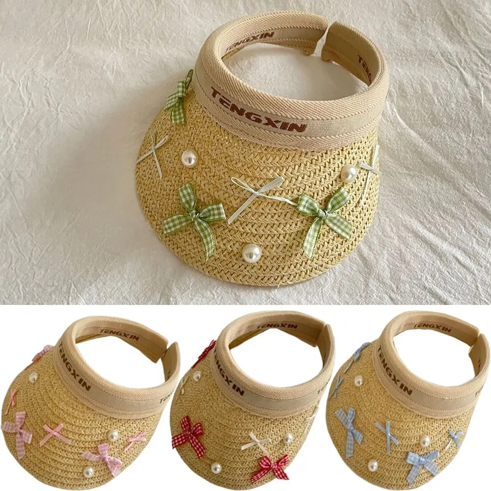 

Bowknot Kids Summer Straw Hat Wide Brim UV Protection Large Brim Sun Visor Cap Empty Top Breathable Empty Top Baseball Cap