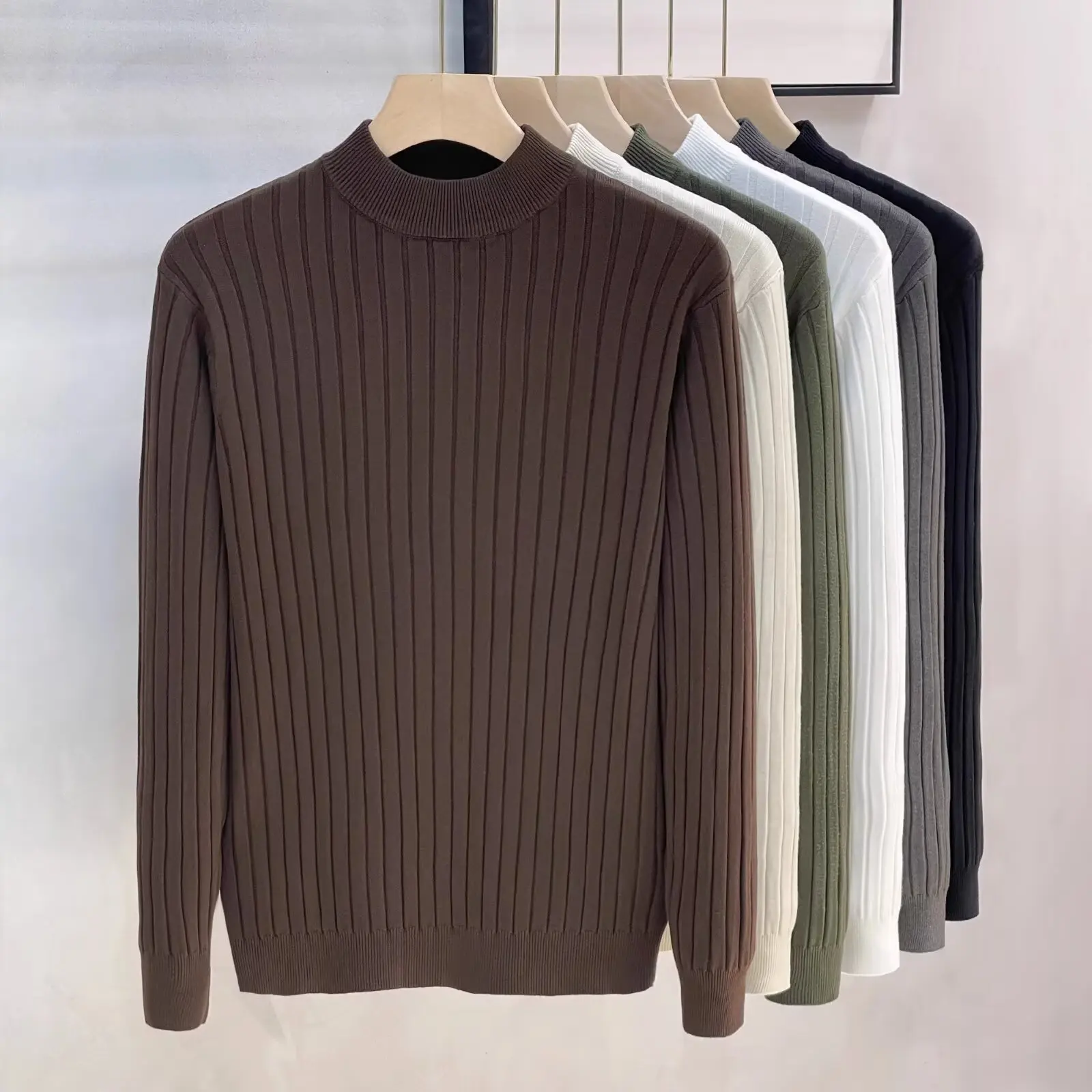 

Men's Knitted Sweater Half High Collar Slim Fit Base Layer Shirt Korean Fashion Pure Color Casual Style Long Sleeve Top