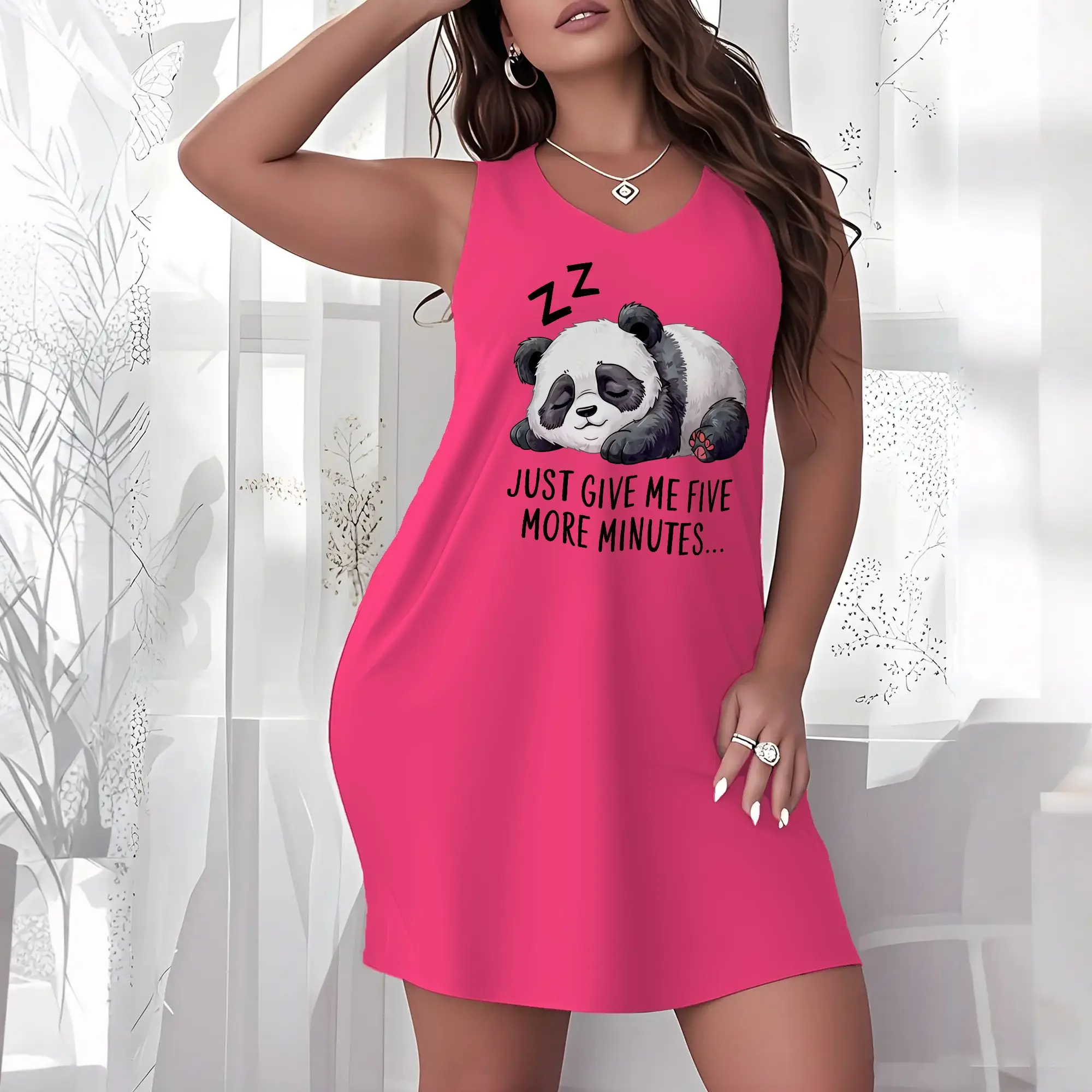 Plus Size Women Sleeveless V Neck Night Dress Sleeping Panda Just Give Me Five More Minutes Funny Quote Print Loose Soft Nightgown Casual Loungewear Sleep Dress