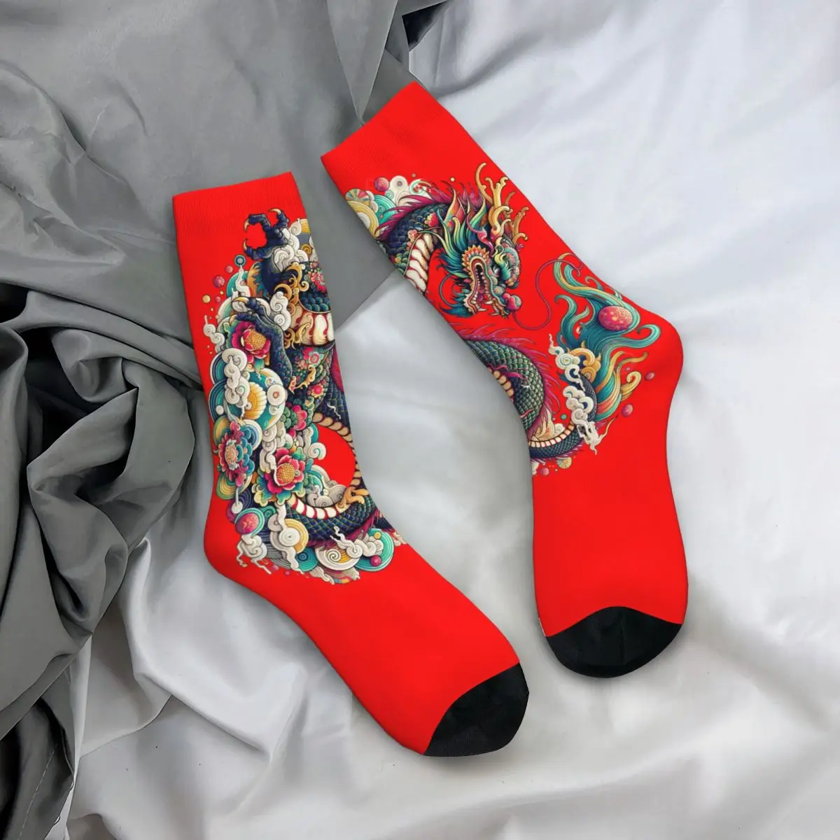 Chaussettes unisexes avec dragon chinois, impression 3D, style de rue heureux, chaud