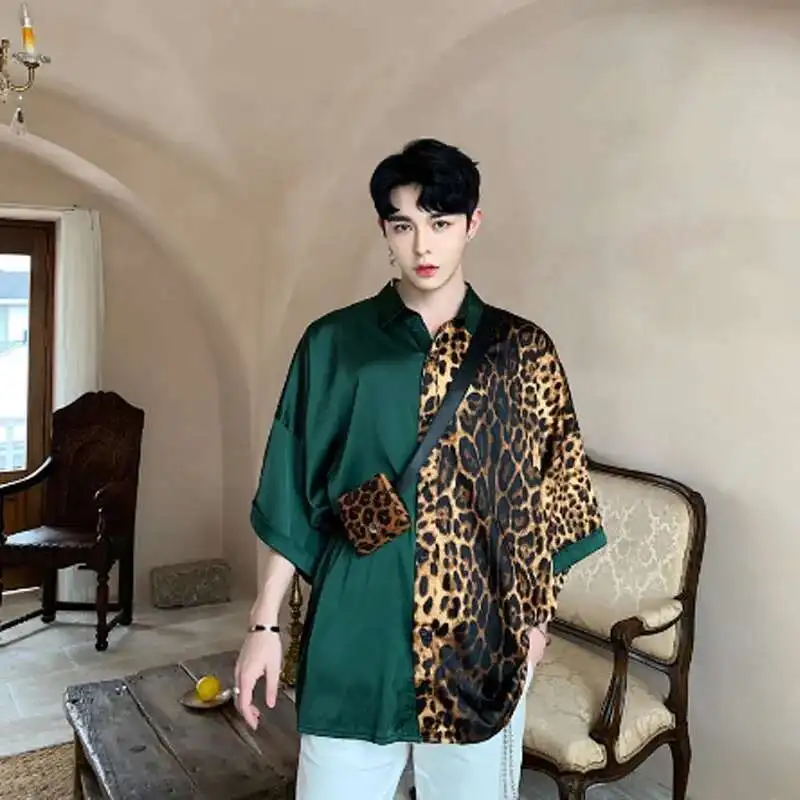 Patchwork Men Shirts With Leopard Summer Nightclub 2025 Oversize Vintage DJ Singer Punk Silk Shirt Stage Costume