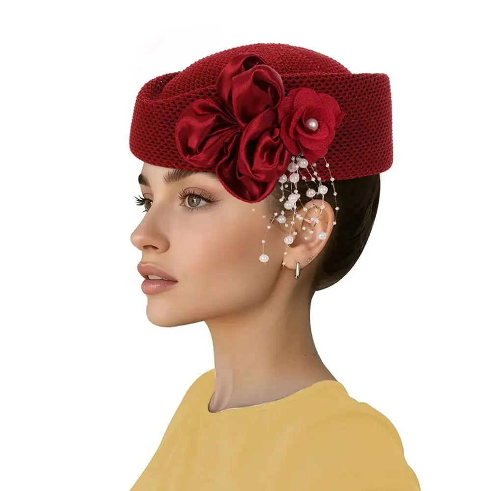 New With Flower Straw Pillbox Hat Structured Crown Solid Round Dress Hat Vintage Style Round Shape Women Sun Hat Daily Outfits