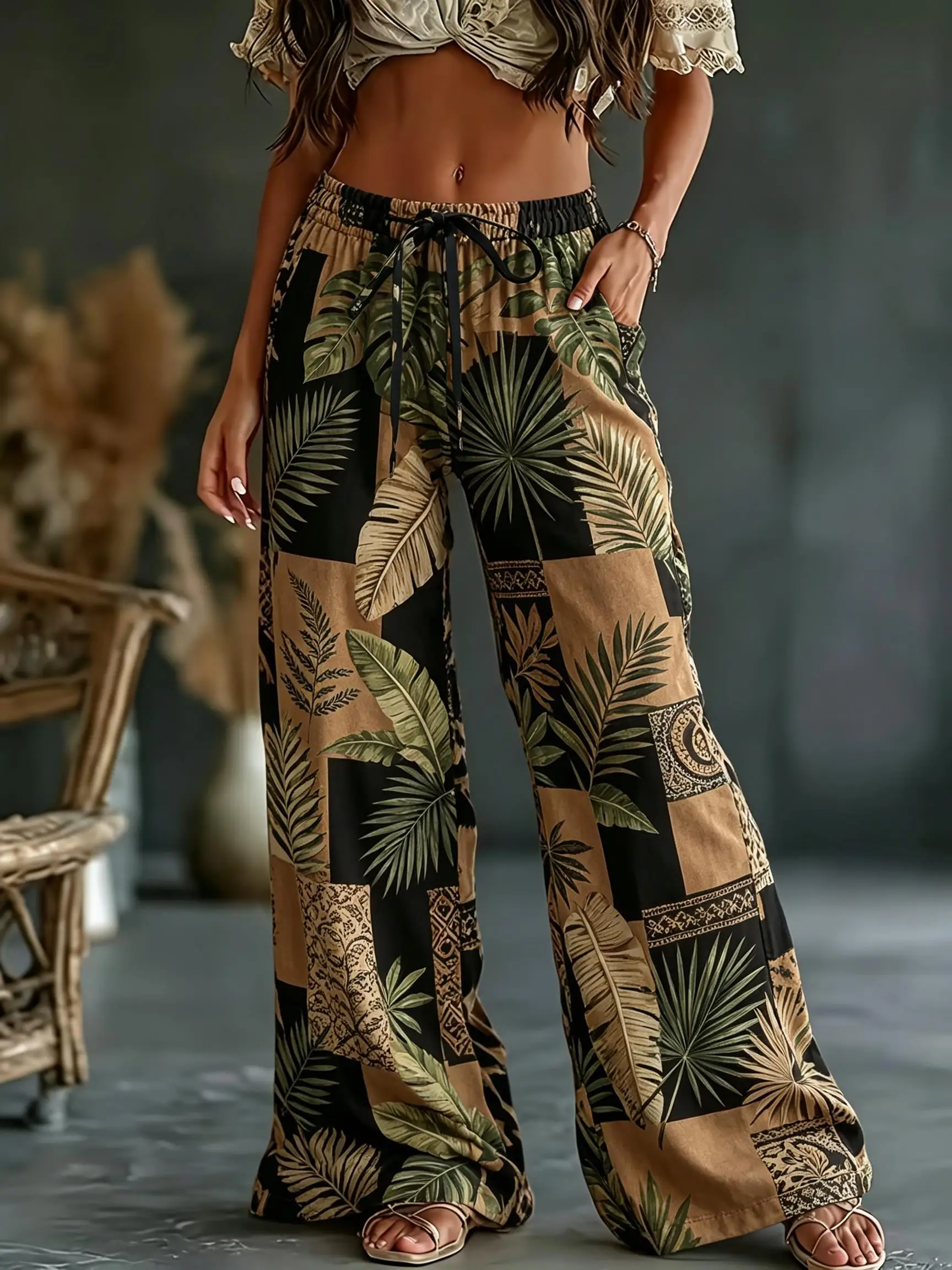 Women Boho Geometric Patchwork Print Wide Leg Pants Drawstring Elastic Waist Loose Vacation Palazzo Trousers