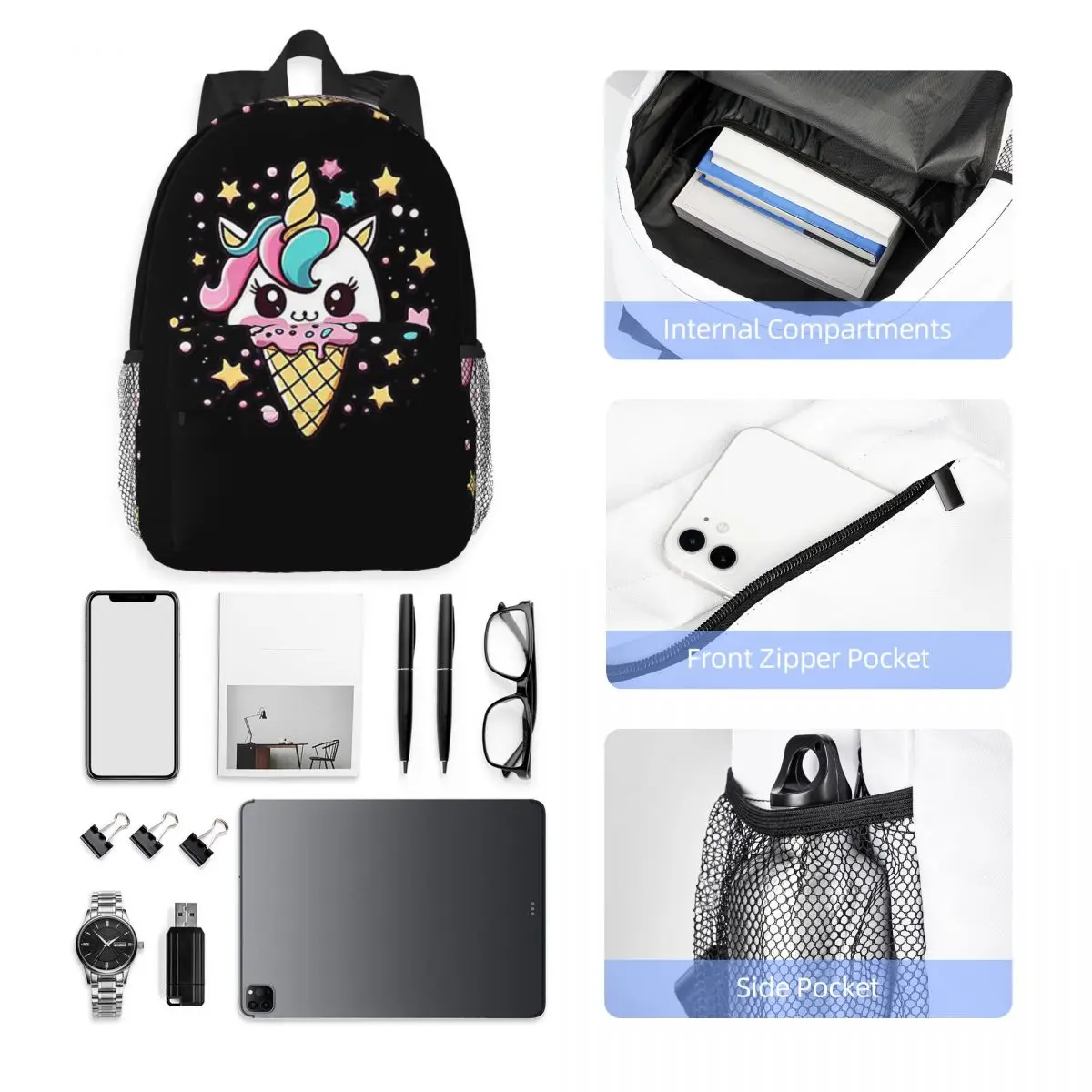 Ice Cream Unicorn Backpack Hot Sale Daypack Large Capacity Boys Girls BookBag Shoulder Bags for Men Women School Bag