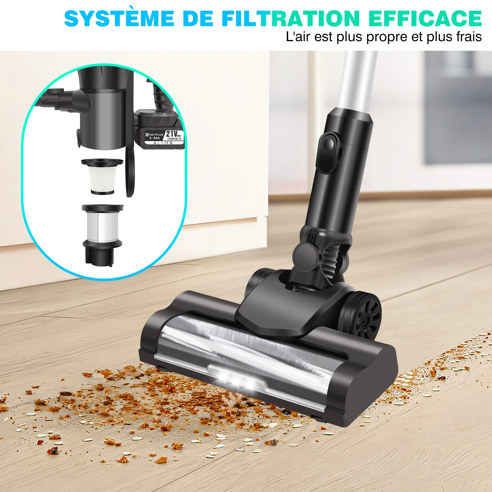 Aspirateur balai sans fil 6 en 1 de 3600W, sans sac, portable, pour toute la maison ! Aspirateur sans fil : forte puissance d'aspiration, ultra-léger, ultra-silencieux, rechargeable. + batteries de