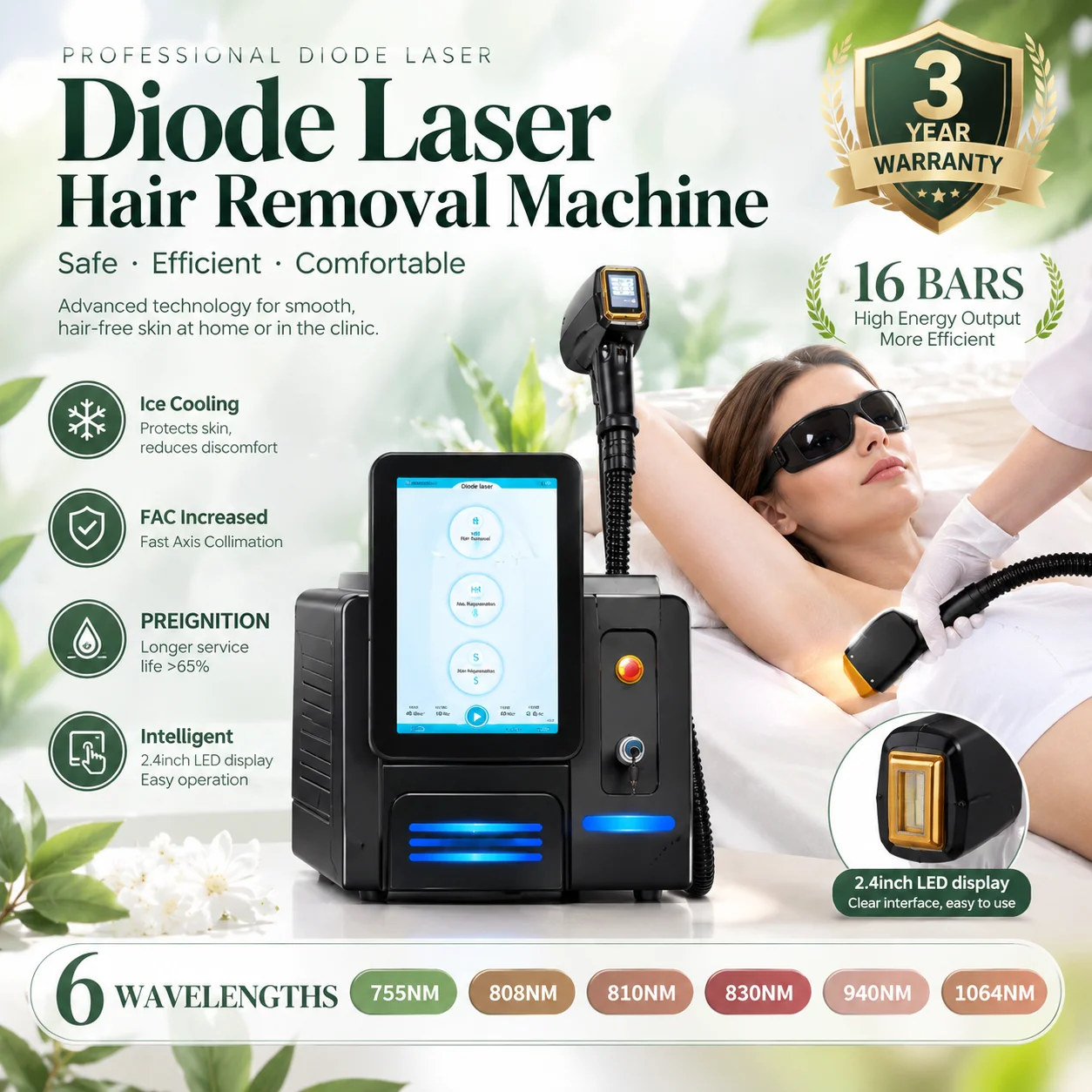 Portable Diode Hair Removal Salon Beauty Machine 7000W 755 808 810 830 940 1064nm FAC Fast Axis Collimation Preignition Device