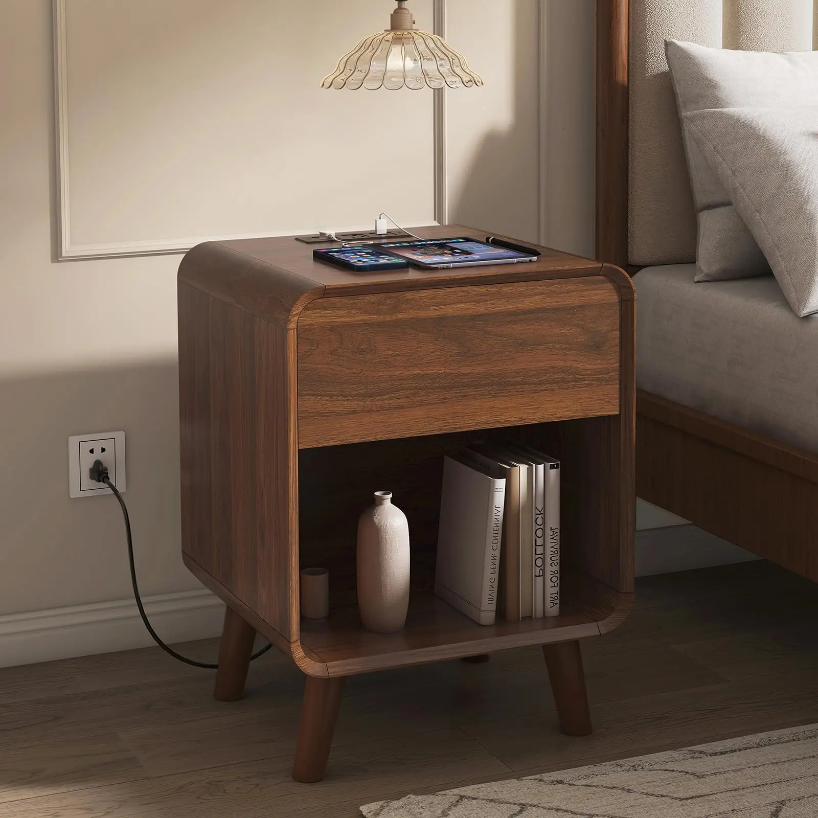 Small Night Stand, 17.7'' Wide Bedside Table with Charging Station, Mid Century Modern Nightstand with Drawers, Curved