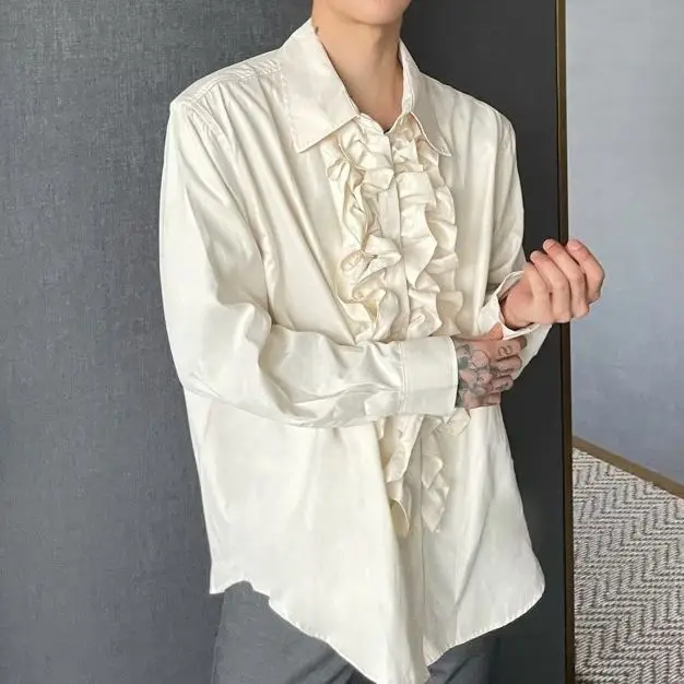 Medieval Palace Style Standing Collar Lotus Leaf Placket Long Sleeve Shirt Neutral Style Design Shirt Men's Performance Costume