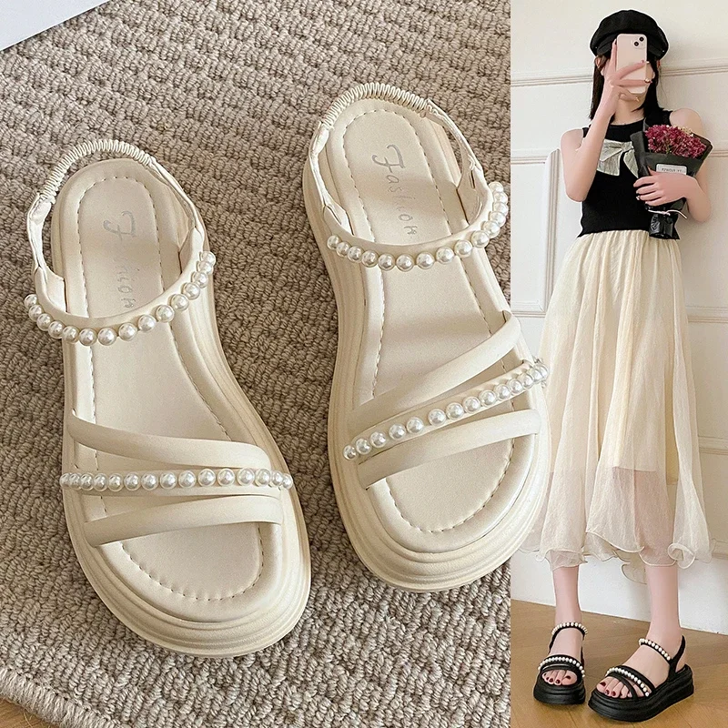 Letnie sandały damskie z okrągłym noskiem Hollow Beach Ladies Shoes String Bead Sandals Platform Shoes for Women Pearl College Sandals