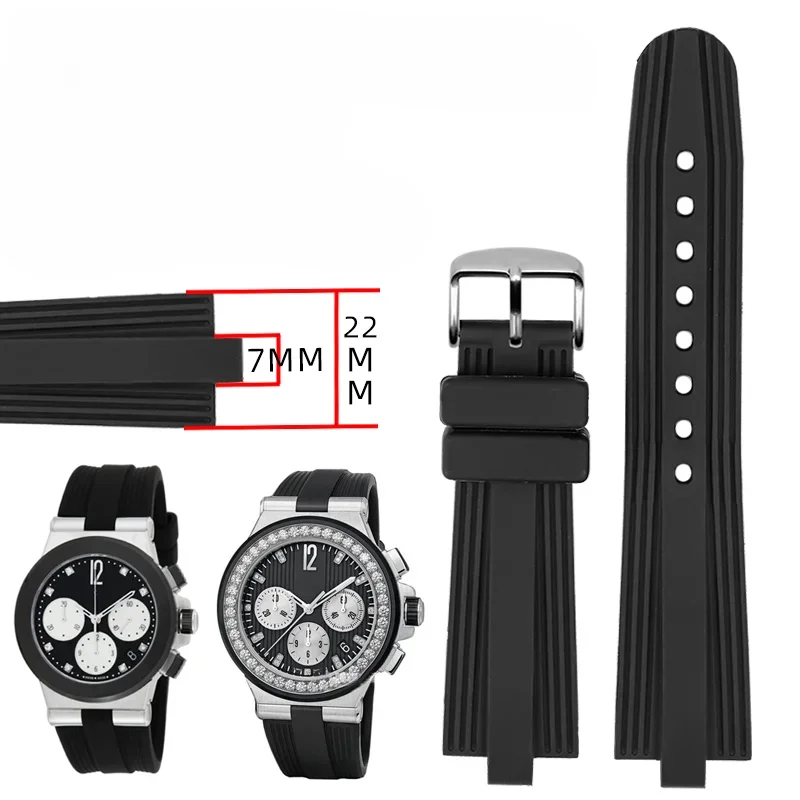 For Bvlgari Diagono Series Special Convex Interface Waterproof Silicone Watch Strap 22x7mm Black Steel Steel Bucket Accessories