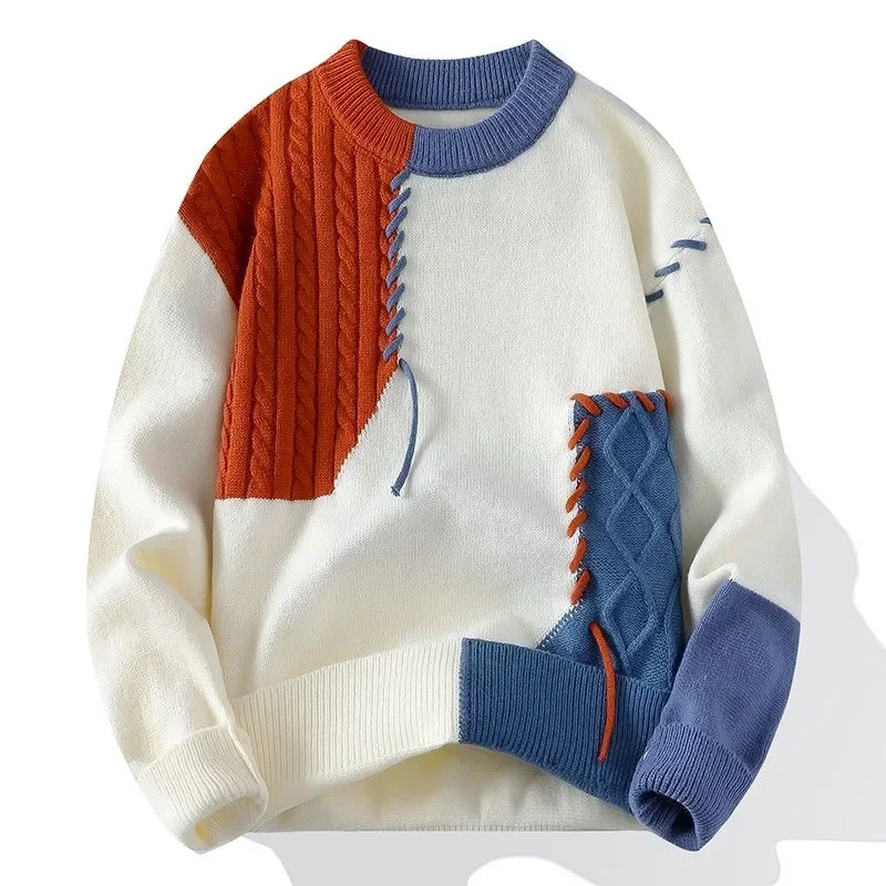 

Осень-зима теплые мужские вязаные свитера модные лоскутные вязаные пуловеры с круглым вырезом корейская уличная одежда пуловер повседневная мужская одежда