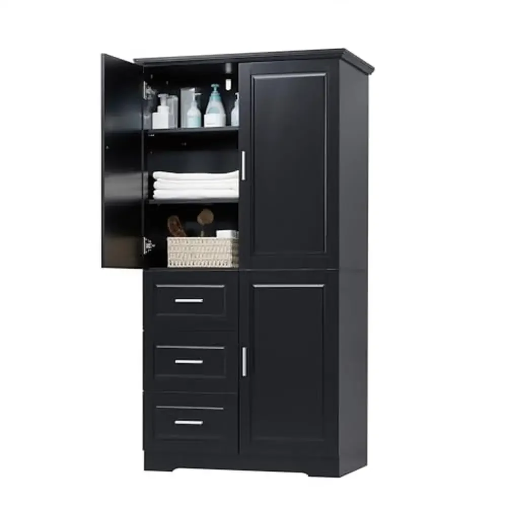 Adjustable Storage Cabinet with Three Drawers & Doors Wide Pantry Cupboard Kitchen Living Room & Bathroom Black Wood Finish