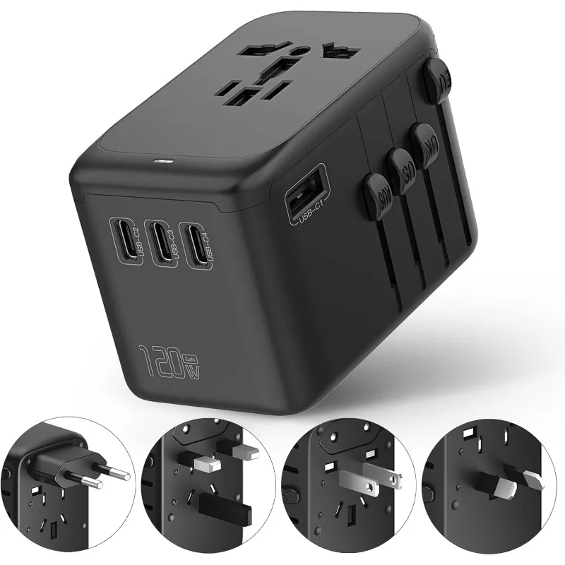 

120W International Travel Adapter, 4USB-C and 1USB-A Worldwide Wall Charger, GaN Fast Charger with UK EU AU US Plugs