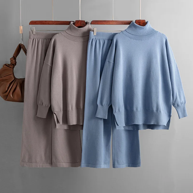 

New 2025 Autumn Winter Fashion Suit Solid High Collar Pullover Sweater Loose Casual Knit Two Piece Sets Womens Outifits B819