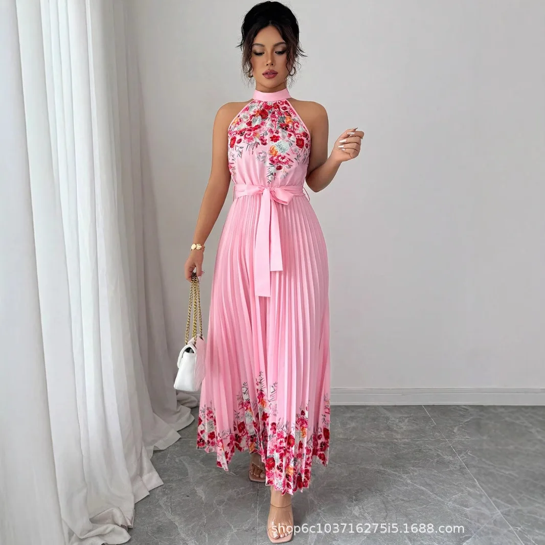 ヨーロッパ系アメリカ人女性用マキシ丈ワンピース カジュアル ノースリーブ ボヘミアン サマー レースアップ 花柄 レトロ プリーツ ロングドレス ベスティドス