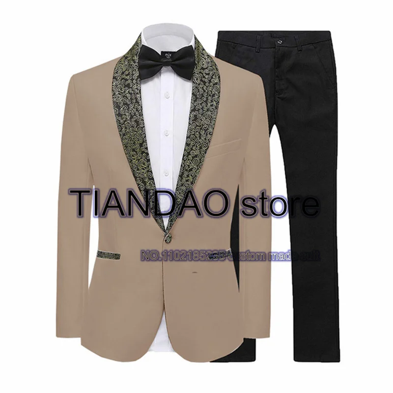 Men\'s Suit Wedding Tuxedo Gold Shawl Collar Jacket Set Formal Party Blazer Pants 2 Piece Male Complete Outfit