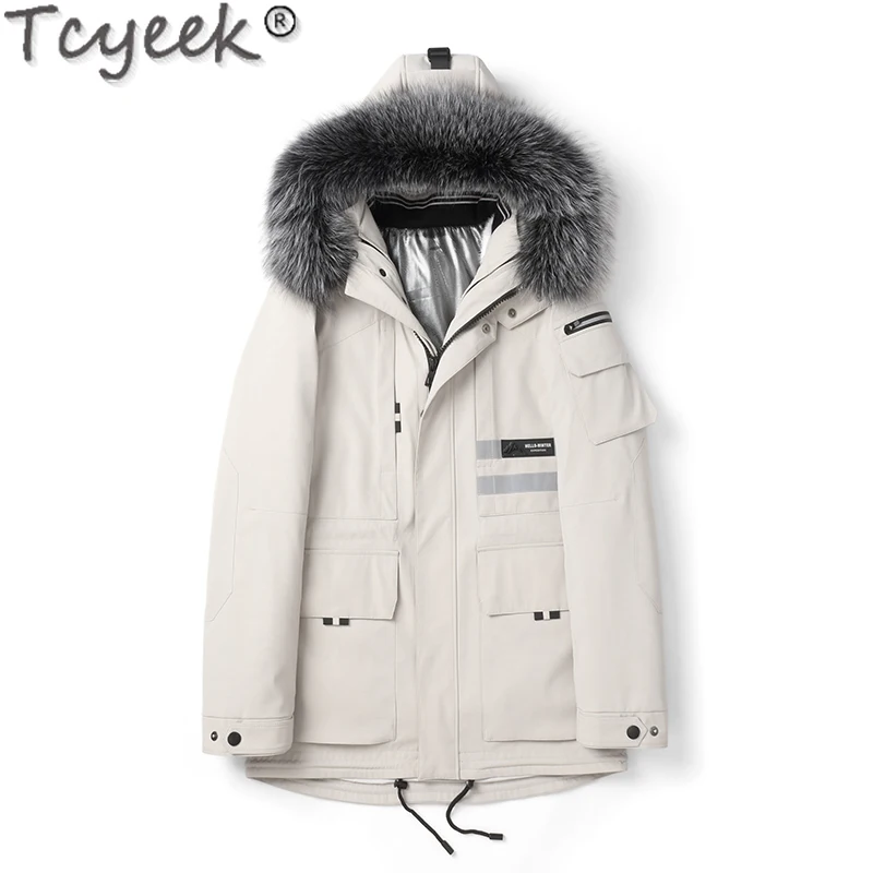 

Tcyeek Natural Mink Fur Coat Men Mid-length Men's Parka Whole Mink Winter Jacket Men Warm Sliver Fox Fur Collar Real Fur Parka