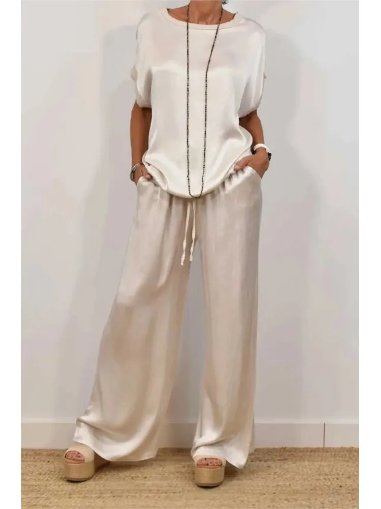 Spring Summer Fashion Solid Smooth Satin Two Piece Sets New Women's O-neck Short Sleeve Top + Wide Leg Pant Casual Loose Set image 2