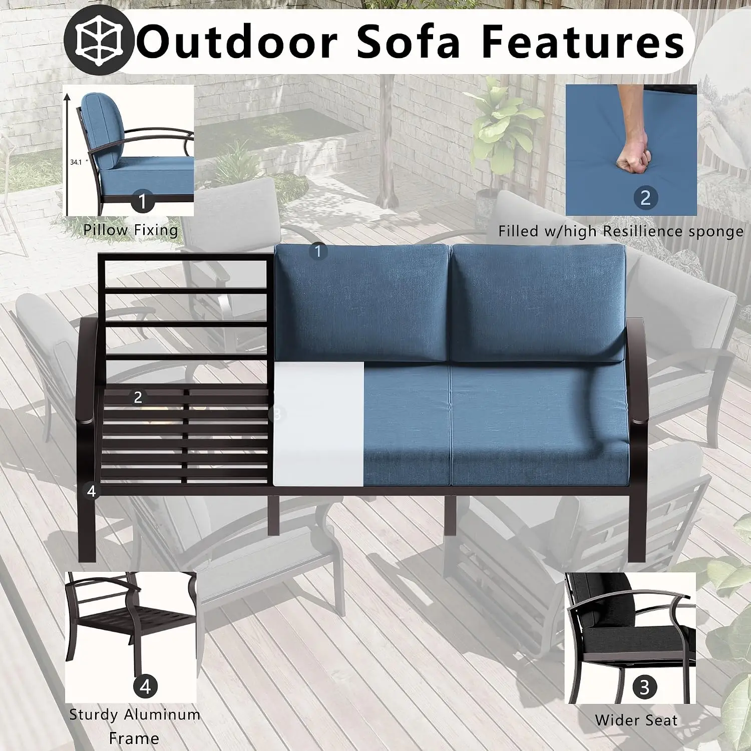 6-Piece Aluminum Patio Sofa Set with Tempered Glass Table & Removable Cushions for Backyard Poolside, Customized