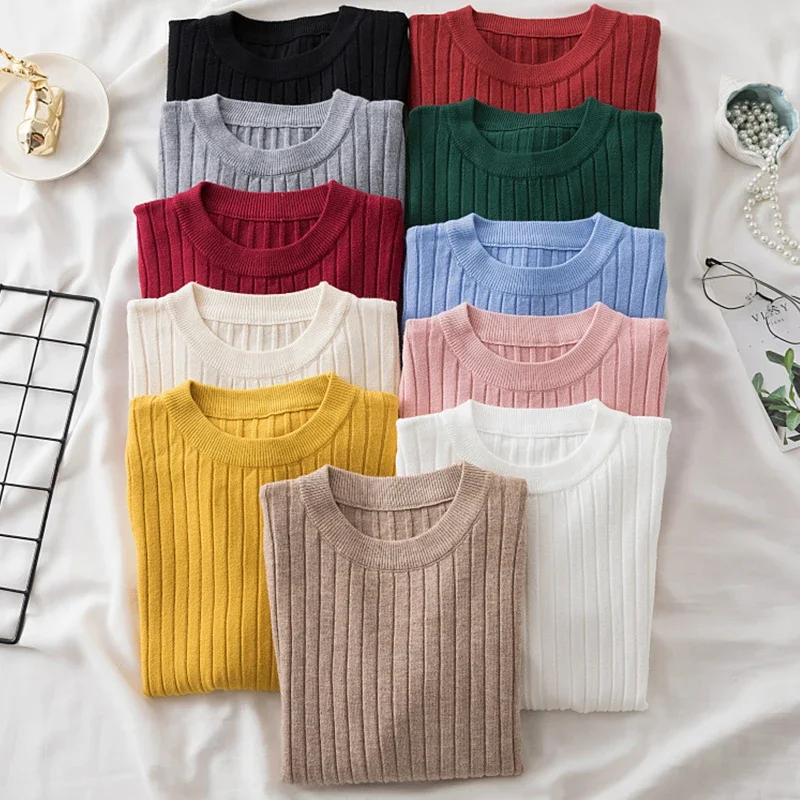 New 2024 Pullover Sweater for Women Autumn Long Sleeve Skinny Sweaters Shirts Korean Simple Basic Jumper Winter Solid Color Top