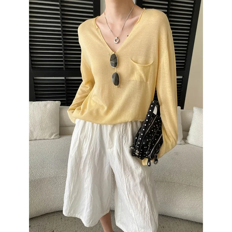 Womens Silk Linen Rolled Edge Sun Protection Long Sleeve Knit Shirt Loose Round Neck Solid Sweater Long Sleeves Knitted Pullover