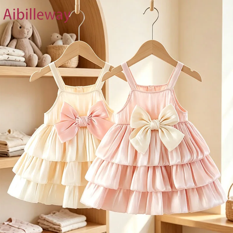 Toddler Girls Shiny Satin Cami Dress Baby Kids Large Bow 3 Layer Ruffle Cake Skirt Children Infant Birthday Party Holiday Outfit