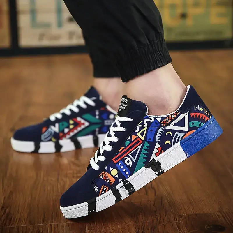 Light Soft Men\'s Spring Shoes Fashion Graffiti Man Canvas Sneakers Thick Bottom Male Sneakers Low Top Lace Up Men Casual Shoe X4