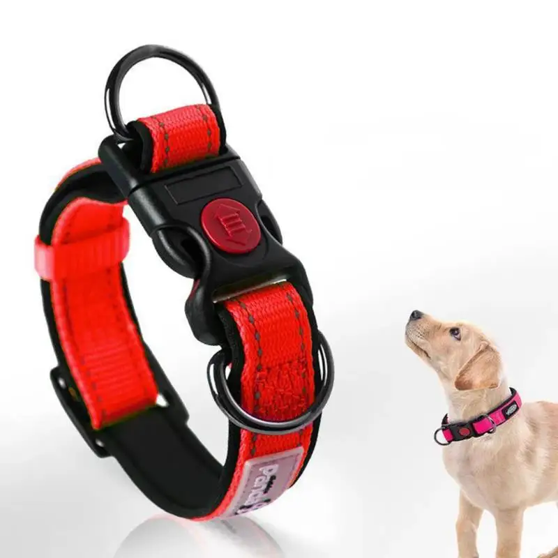 Adjustable Dog Collar Comfortable Soft Foam Padded Reflective Nylon with Double D Rings for Small Medium Large Dogs